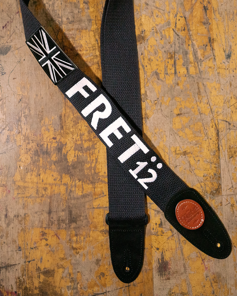 FRET12 MONOCHROME BRITISH FLAG GUITAR STRAP - BLOCK LOGO