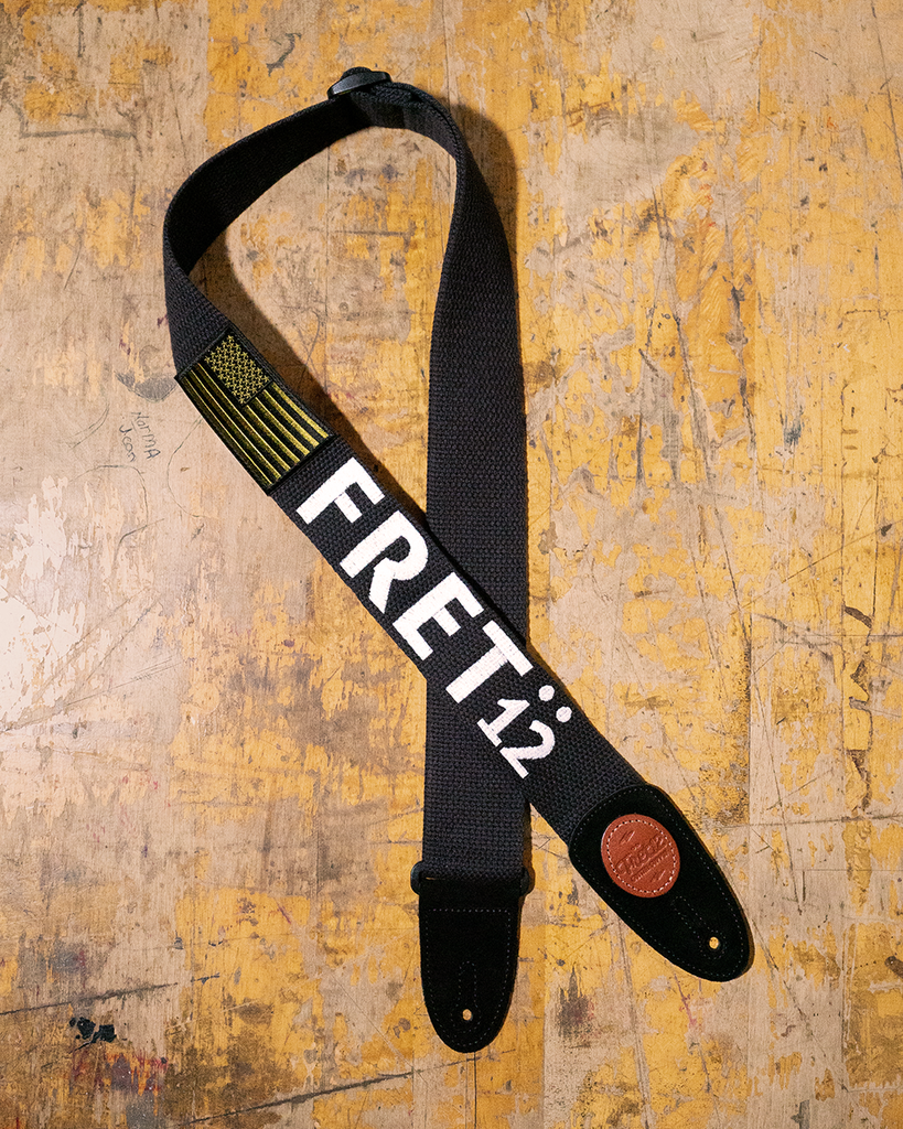 FRET12 OLD GLORY FLAG ARMY GREEN GUITAR STRAP - BLOCK LOGO