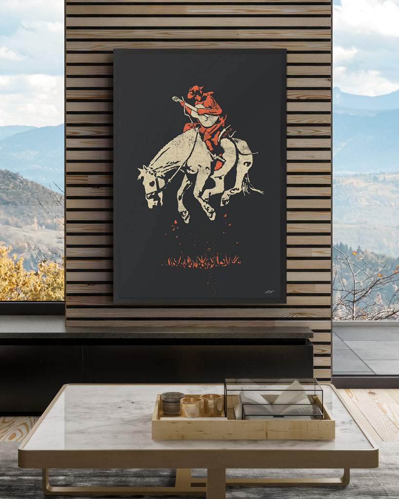 Framed Bronco art print in scene